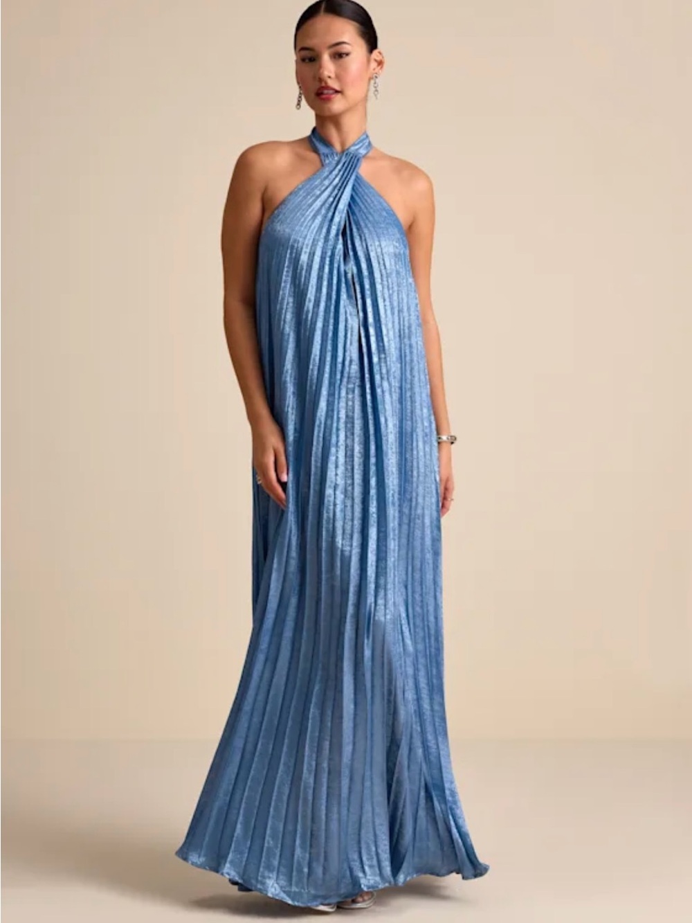 Lulu's Gelsey Dusty Blue Halter Pleated Maxi Dress